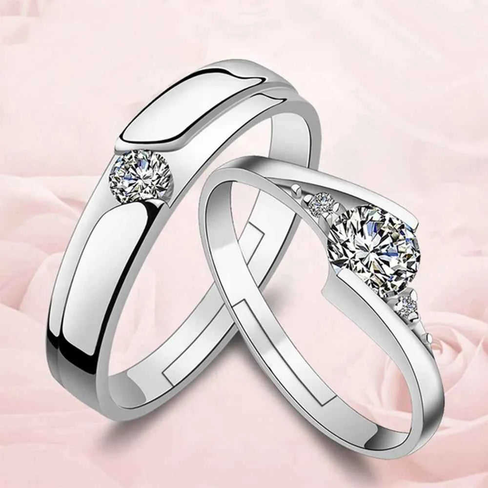 Elegant 925 sterling silver couple rings with zircon stones