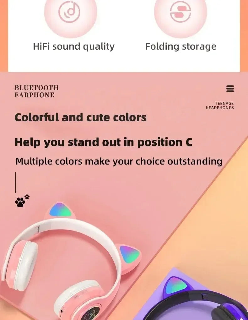 Premium Cat Ear Bluetooth Headphones - LED Stereo & Mic