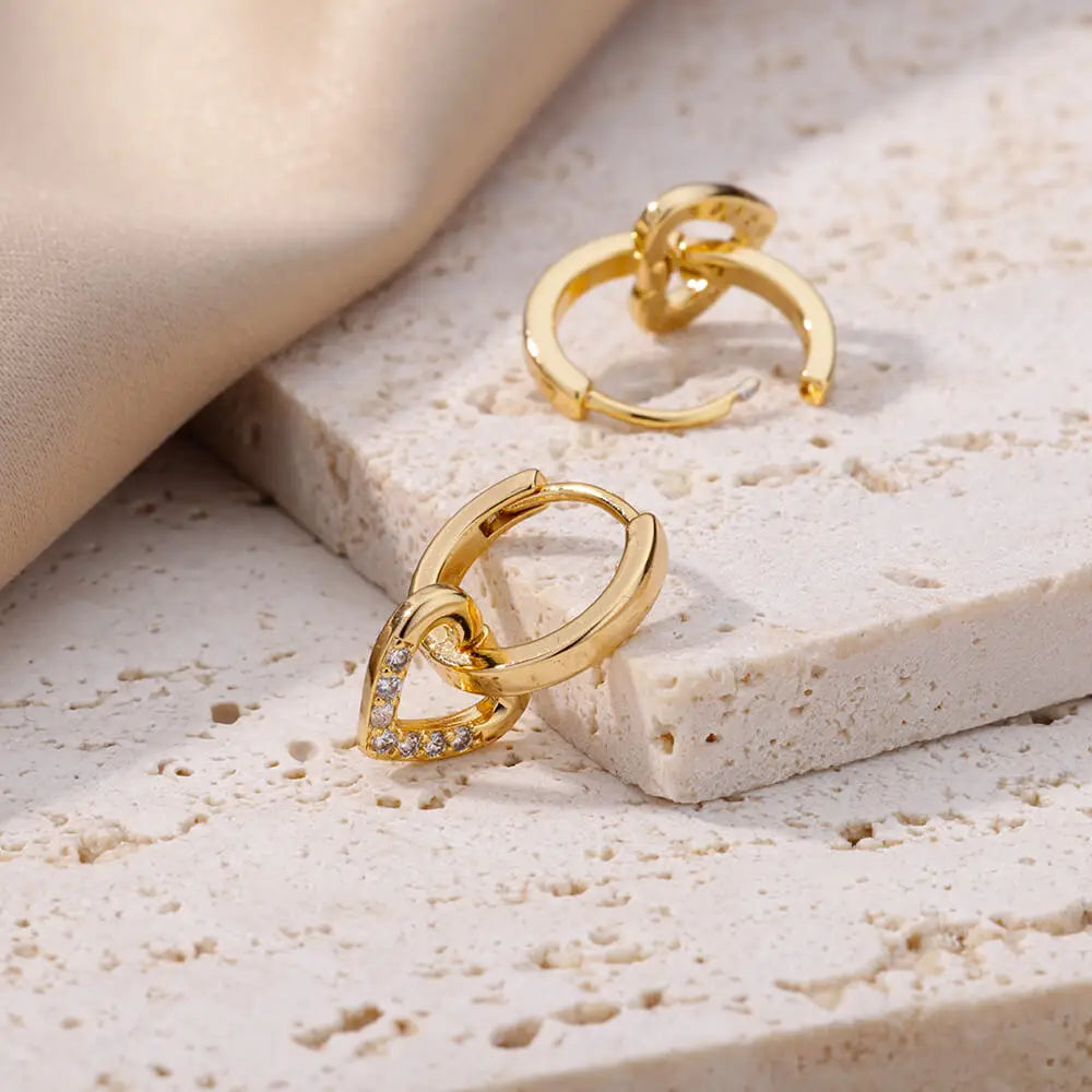 Elegant Gold Heart Earrings - Zircon Stainless Steel