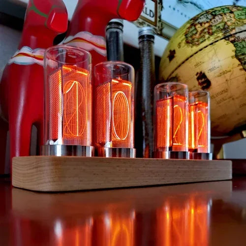 Premium Luxury Digital Desk Clock - LED Glow Tube Vintage Wood