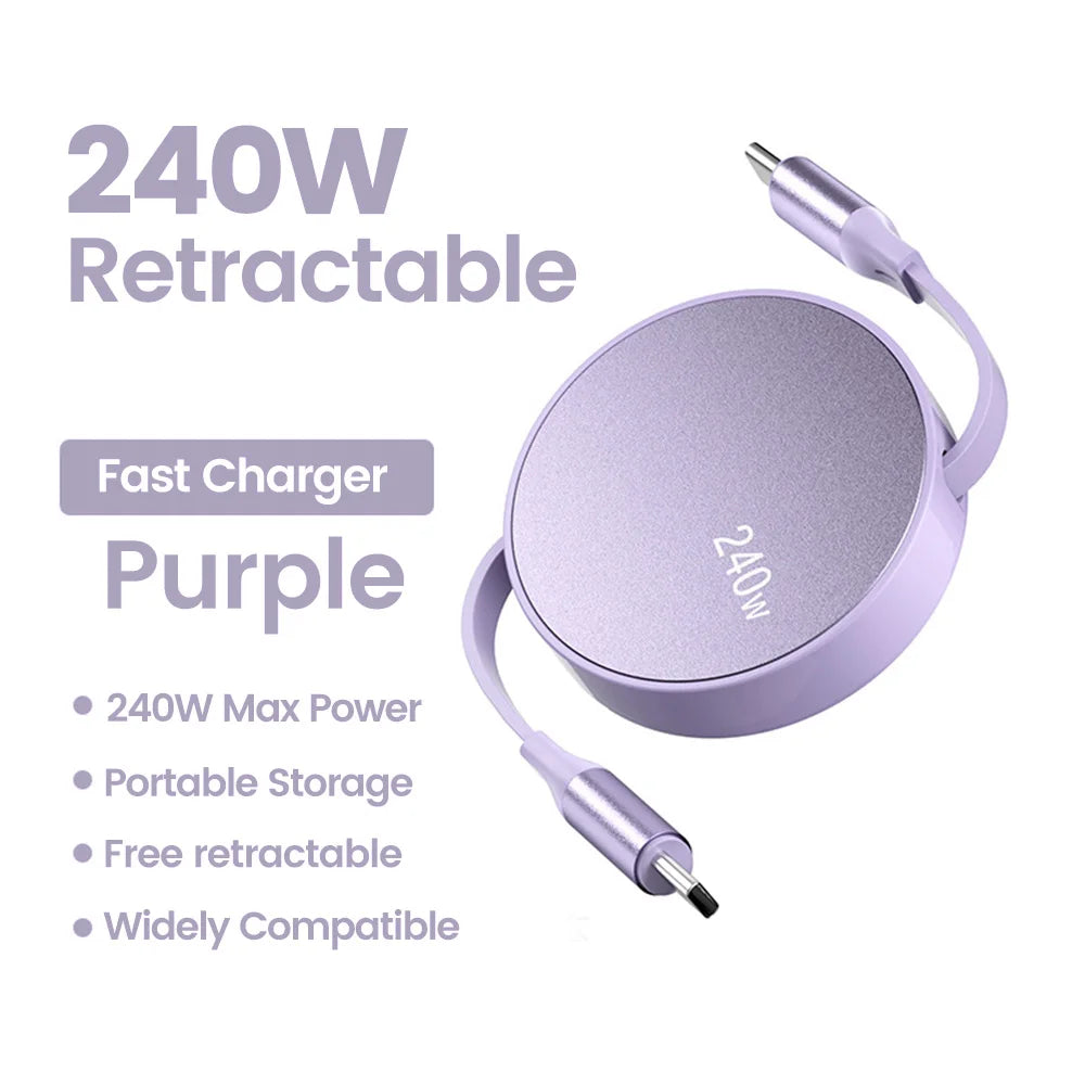 Retractable 240W USB C to USB C Fast Charging Cable - Premium PD Data Cord