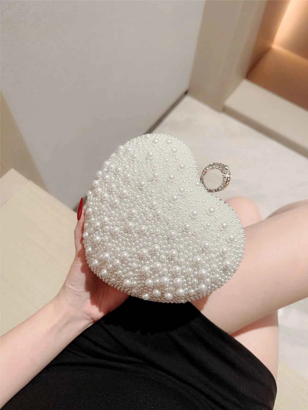 Elegant Pearl Evening Bag - Embellished Clutch with Chain