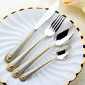 Gold plated cutlery set - vintage Western engraved stainless steel dinner forks and knives
