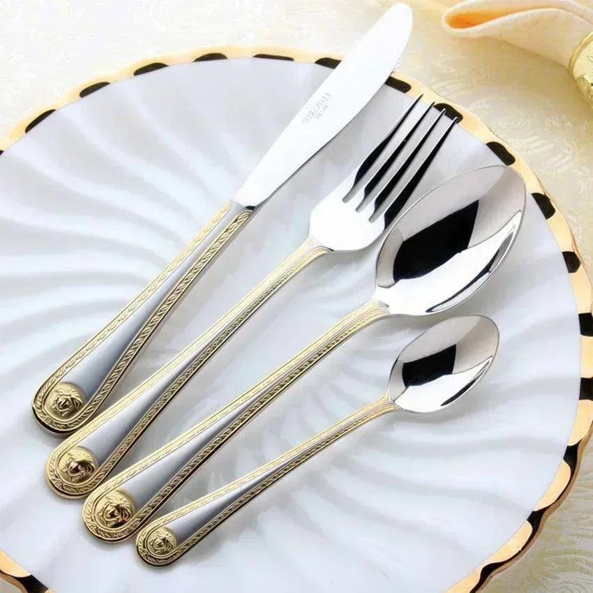 Gold plated cutlery set - vintage Western engraved stainless steel dinner forks and knives