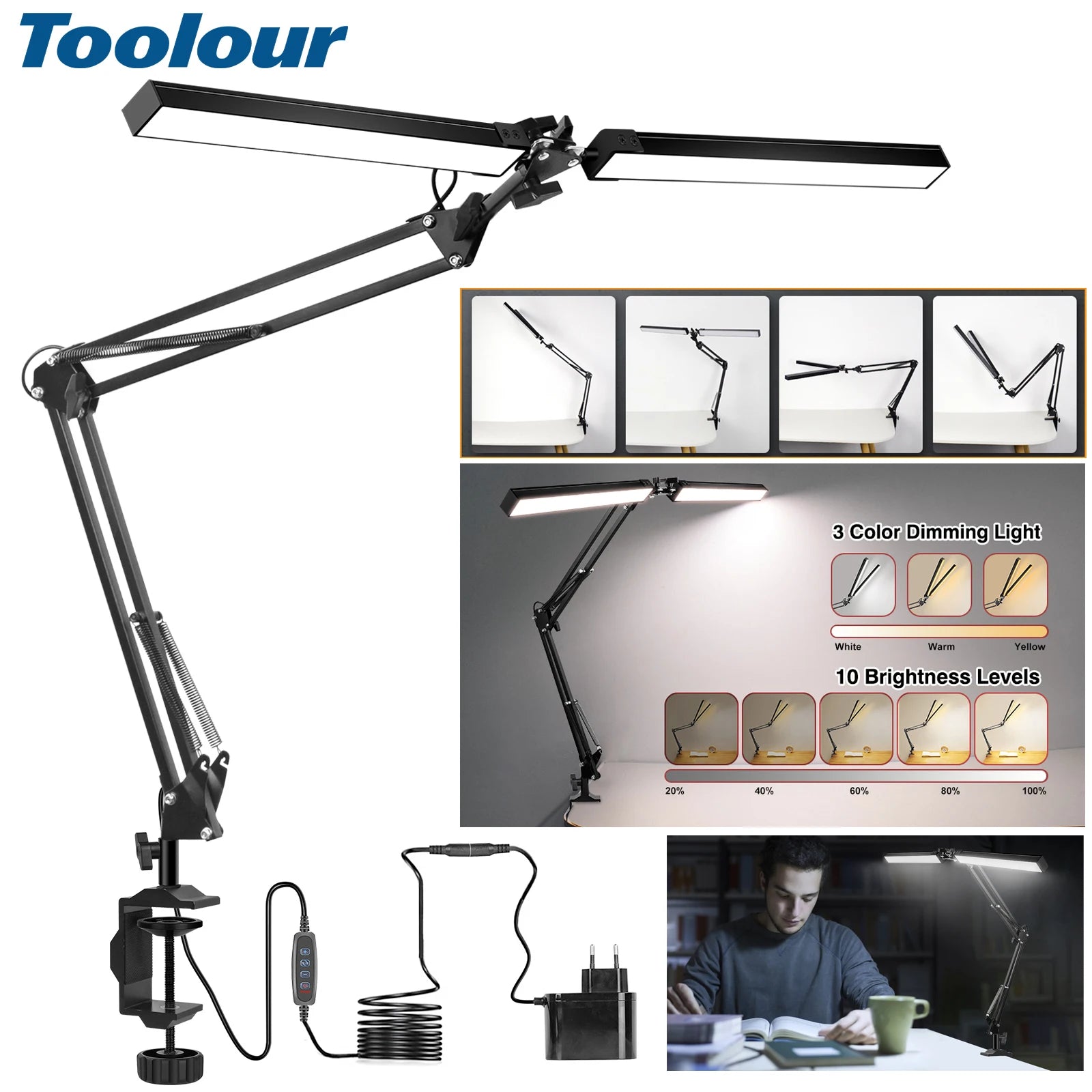 LED desk lamp - black architect-style lamp with clamp and ultra-bright auto-dimming features