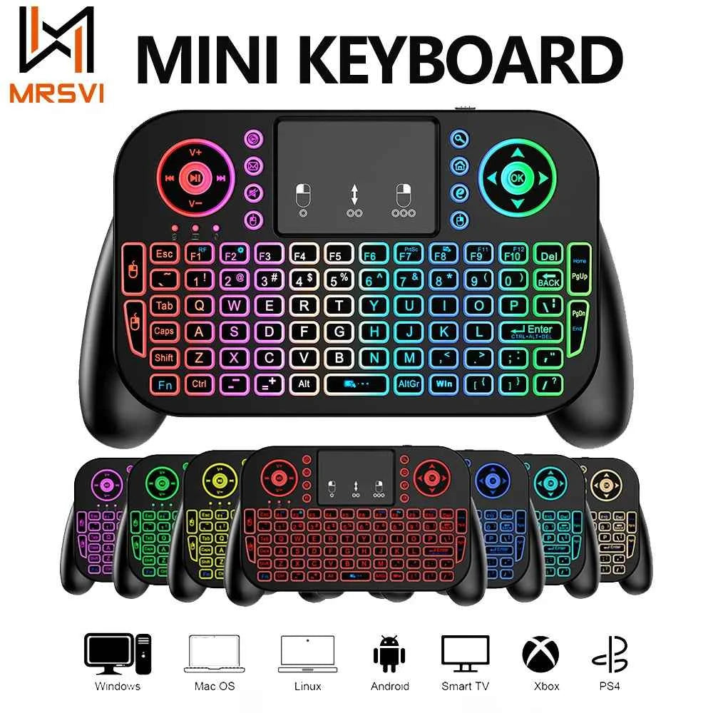 mini wireless keyboard - compact design with 7-color backlit keys and integrated touchpad for Android TV control