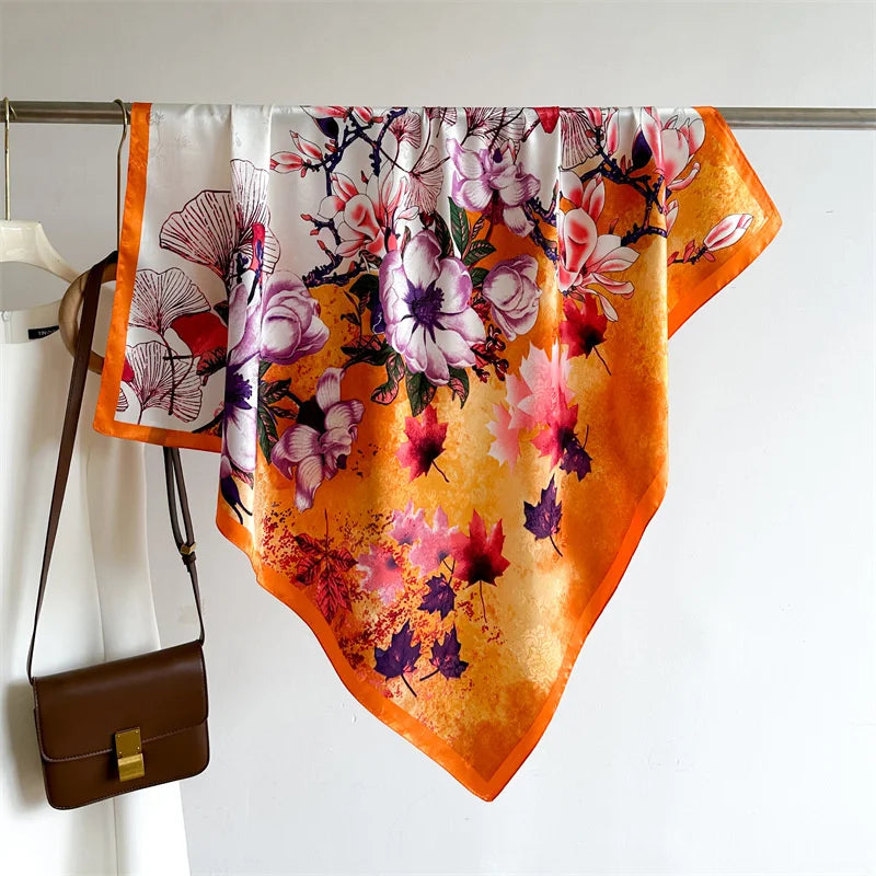 Luxury Square Silk Scarf - Elegant Tree Print Neck Shawl