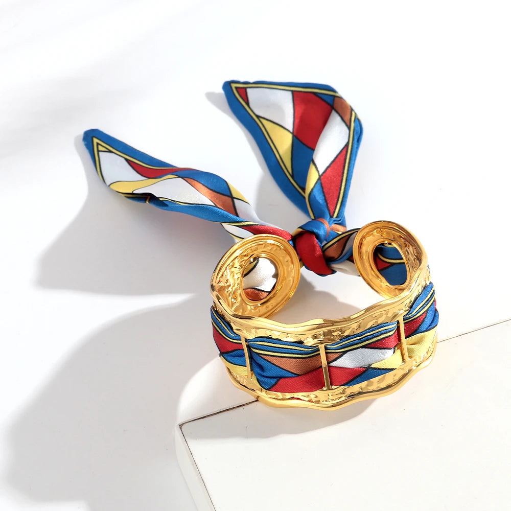 Elegant Silk Cuff Bracelet - Gold & Silver Retro Design