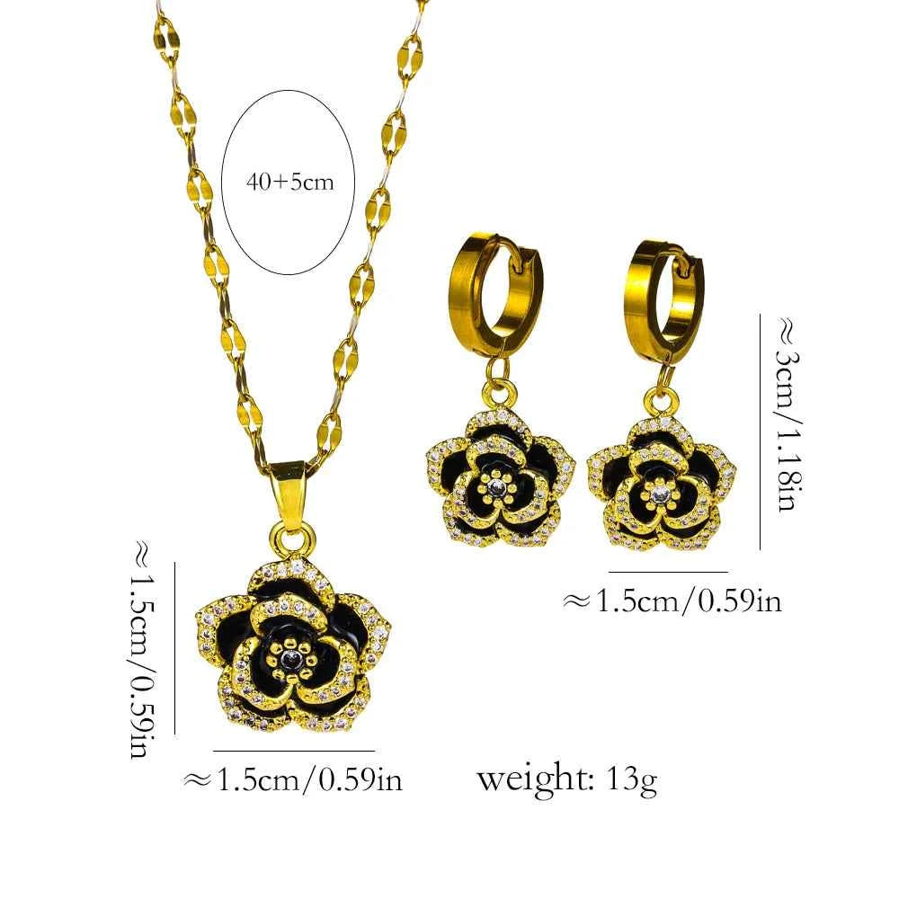 Luxury 18K Gold Plated Black Rose Jewelry Set