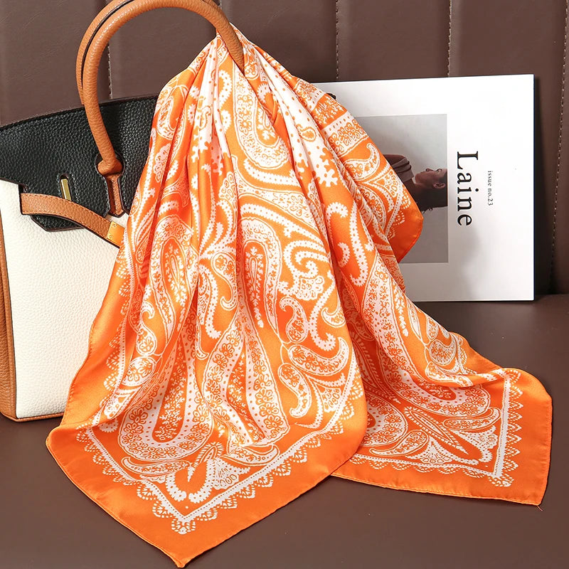 Elegant Bohemian Silk Square Scarf - Floral Satin Neck Scarf