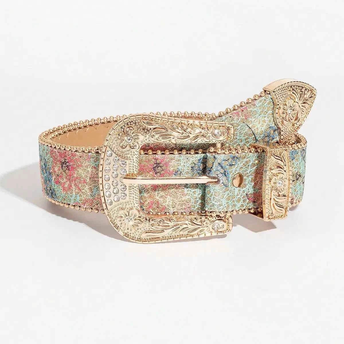 Elegant Women's Carved Metal Buckle Glitter Print Beaded Belt