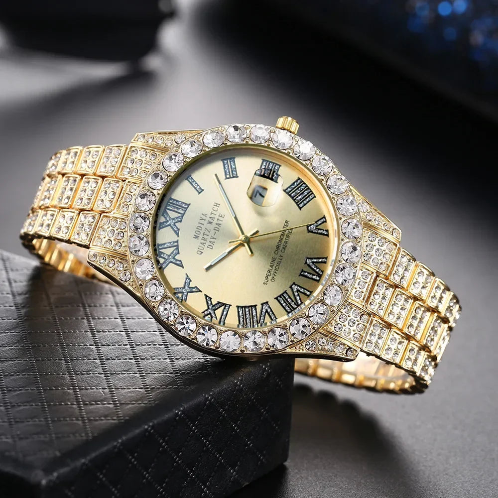 Luxury Gold Quartz Watch - Diamond Rhinestone Calendar