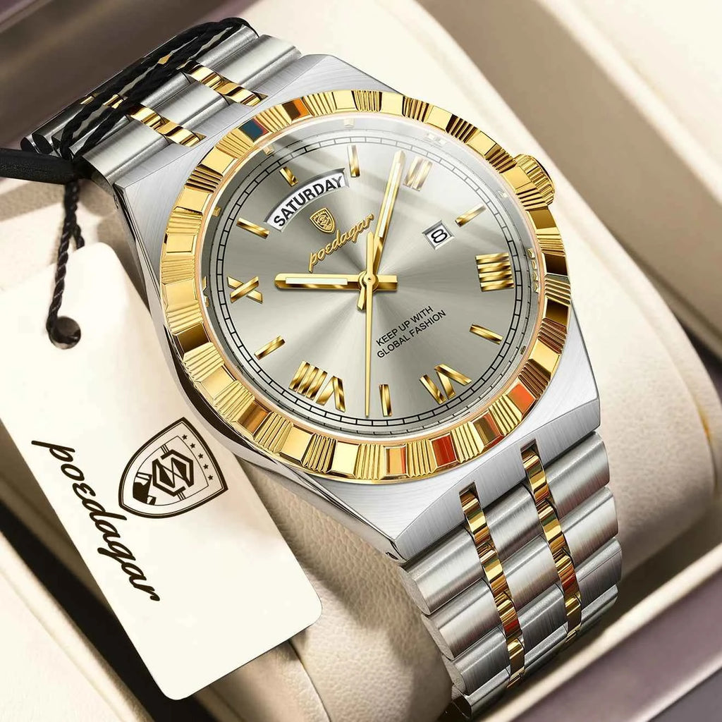 Men's luxury quartz watch - Silver band with black dial and luminous hands