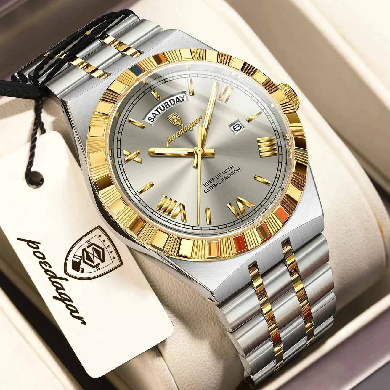 Men's luxury quartz watch - Silver band with black dial and luminous hands