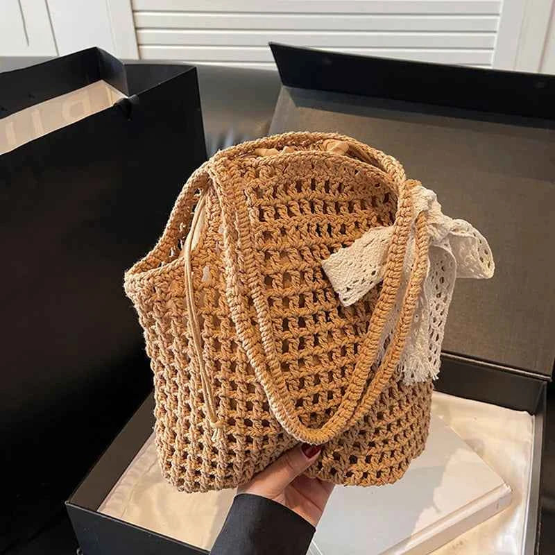 Elegant Straw Shoulder Bag - Vintage Lace Bow Tote