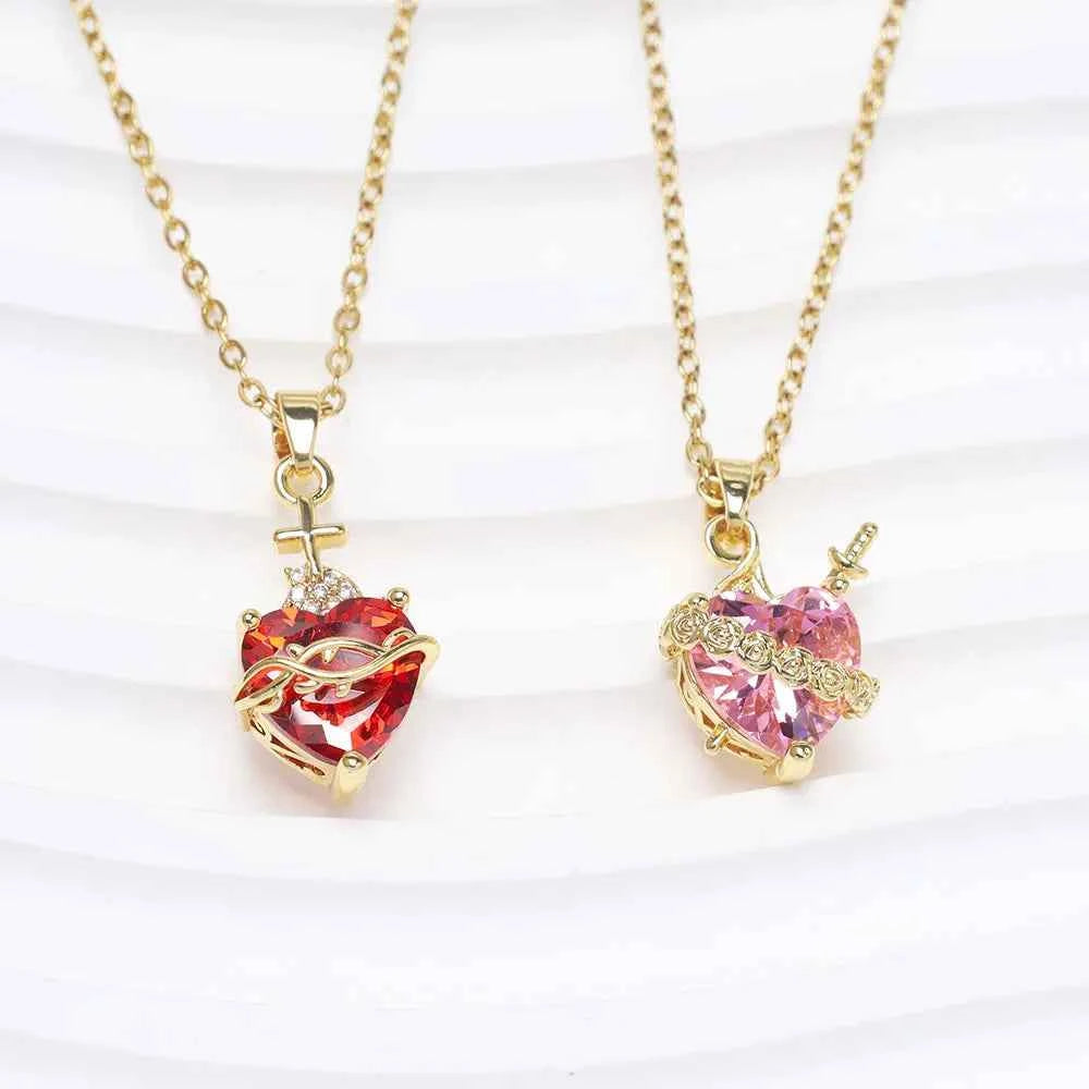 Elegant Pink Rhinestone Heart Necklace - Gothic Y2K Choker