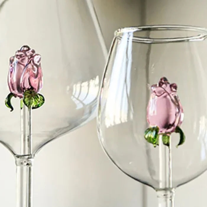3D rose wine glass - elegant pink glass stemware with intricate rose design