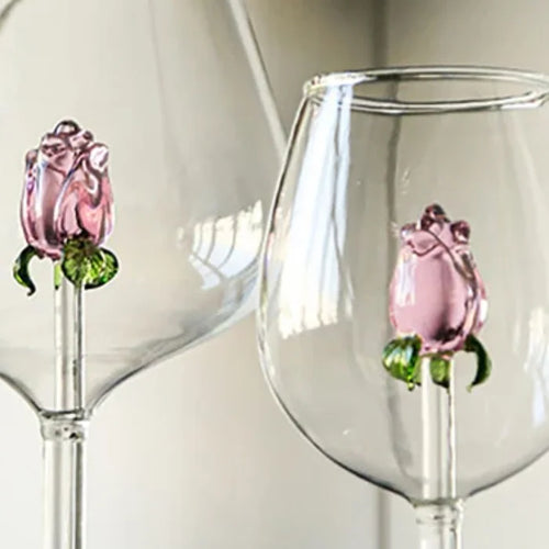 3D rose wine glass - elegant pink glass stemware with intricate rose design
