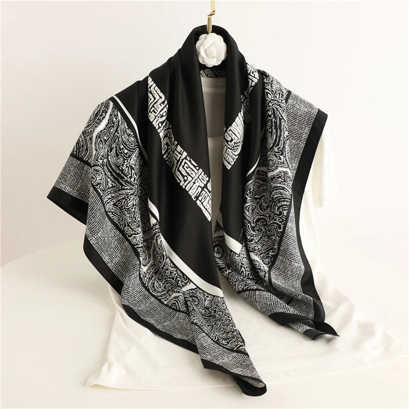Luxury Square Silk Scarf - Elegant Tree Print Neck Shawl