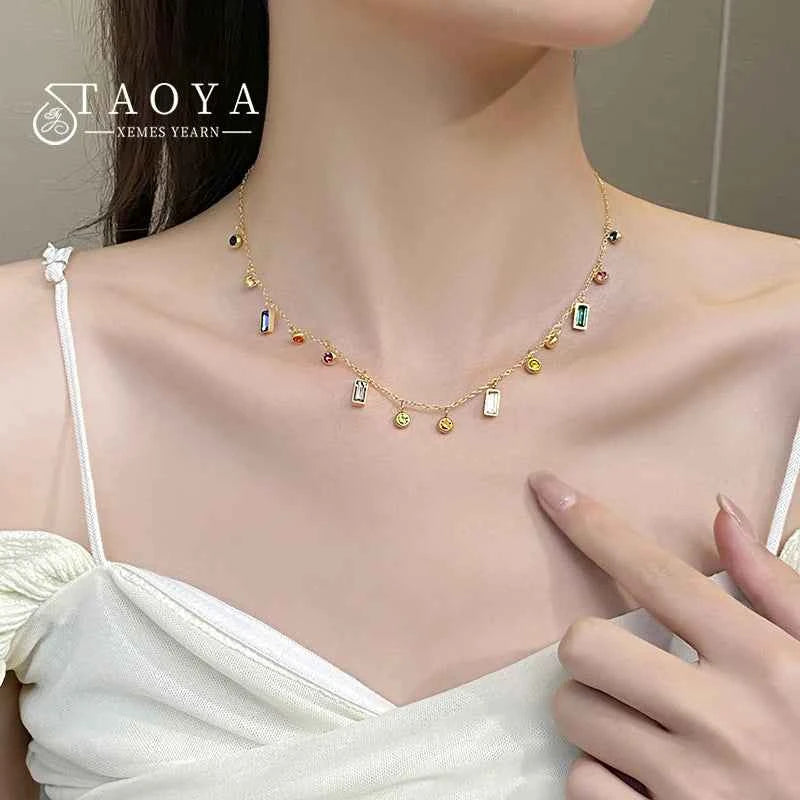 Elegant Stainless Steel Colorful Zircon Necklace - Gold Chain