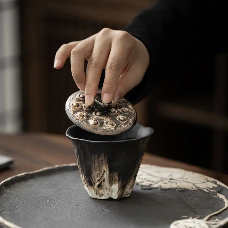 Elegant Embossed Lotus Ceramic Tea Gaiwan - Wabi Sabi Style