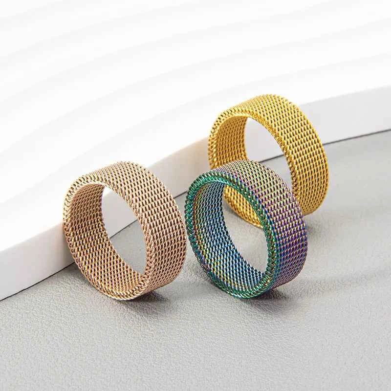 Luxury 8MM Grid Mesh Titanium Steel Ring - Modern Couple Band