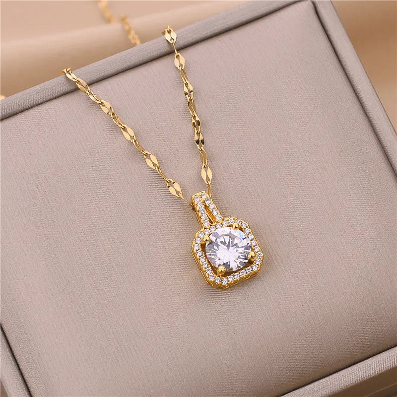 Elegant Zircon Crystal Necklace - Stainless Steel Clavicle Chain