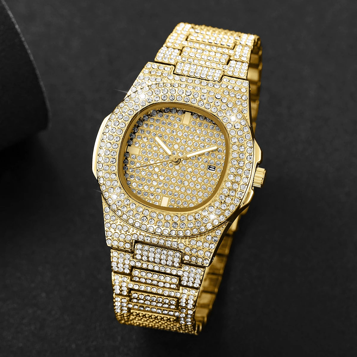Luxury Diamond Men's Quartz Watch - Stainless Steel with Calendar