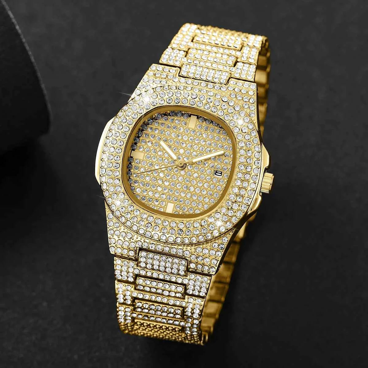 Luxury Diamond Mens Quartz Wristwatch - Stainless Steel Calendar Watch