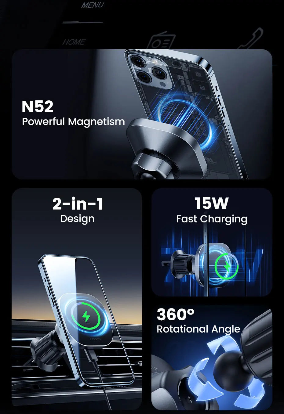 Premium Magnetic Wireless Car Charger - 15W Fast Charging 360° Rotation