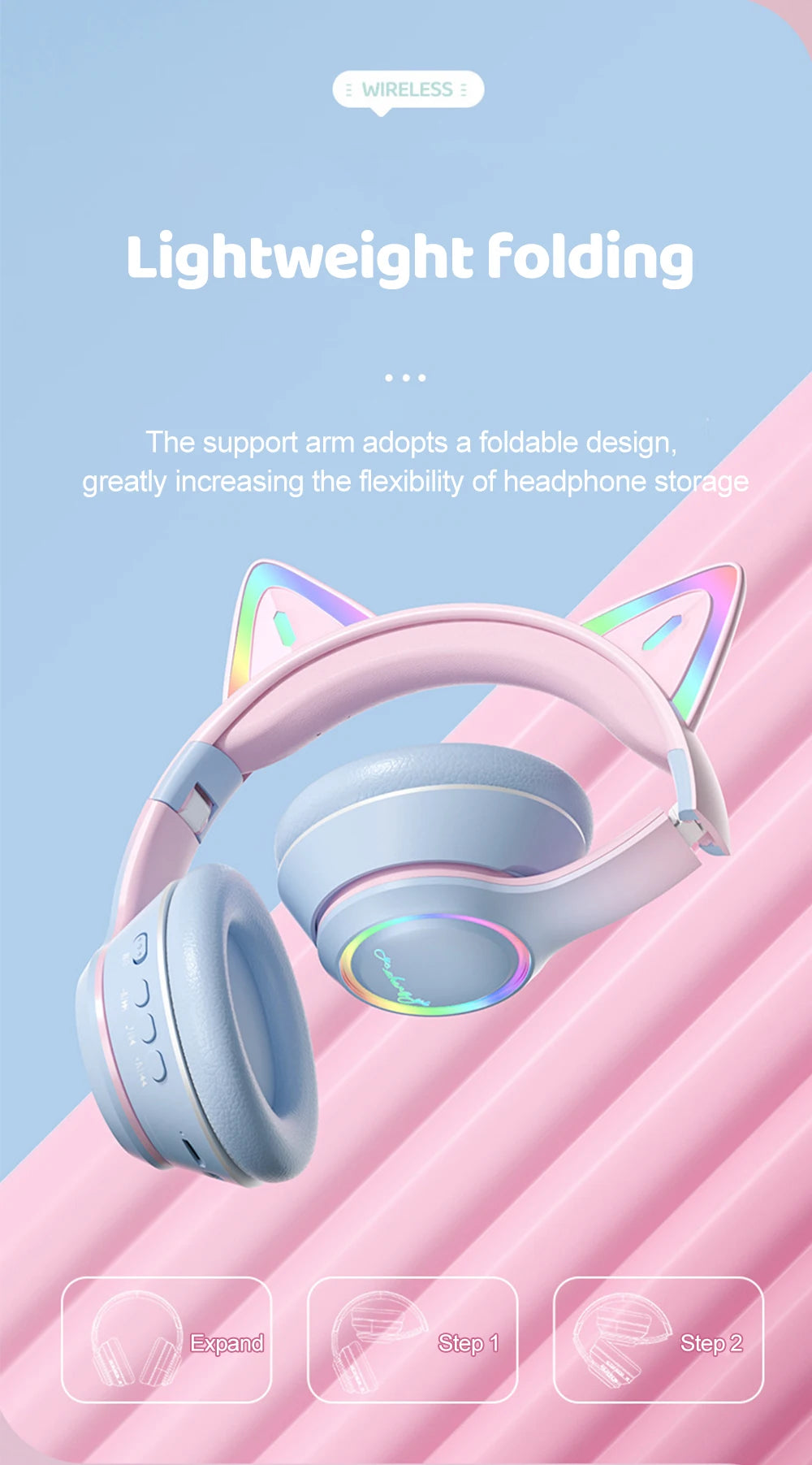 Premium RGB Cat Ear Headphones - Wireless Bluetooth 5.3 & Mic