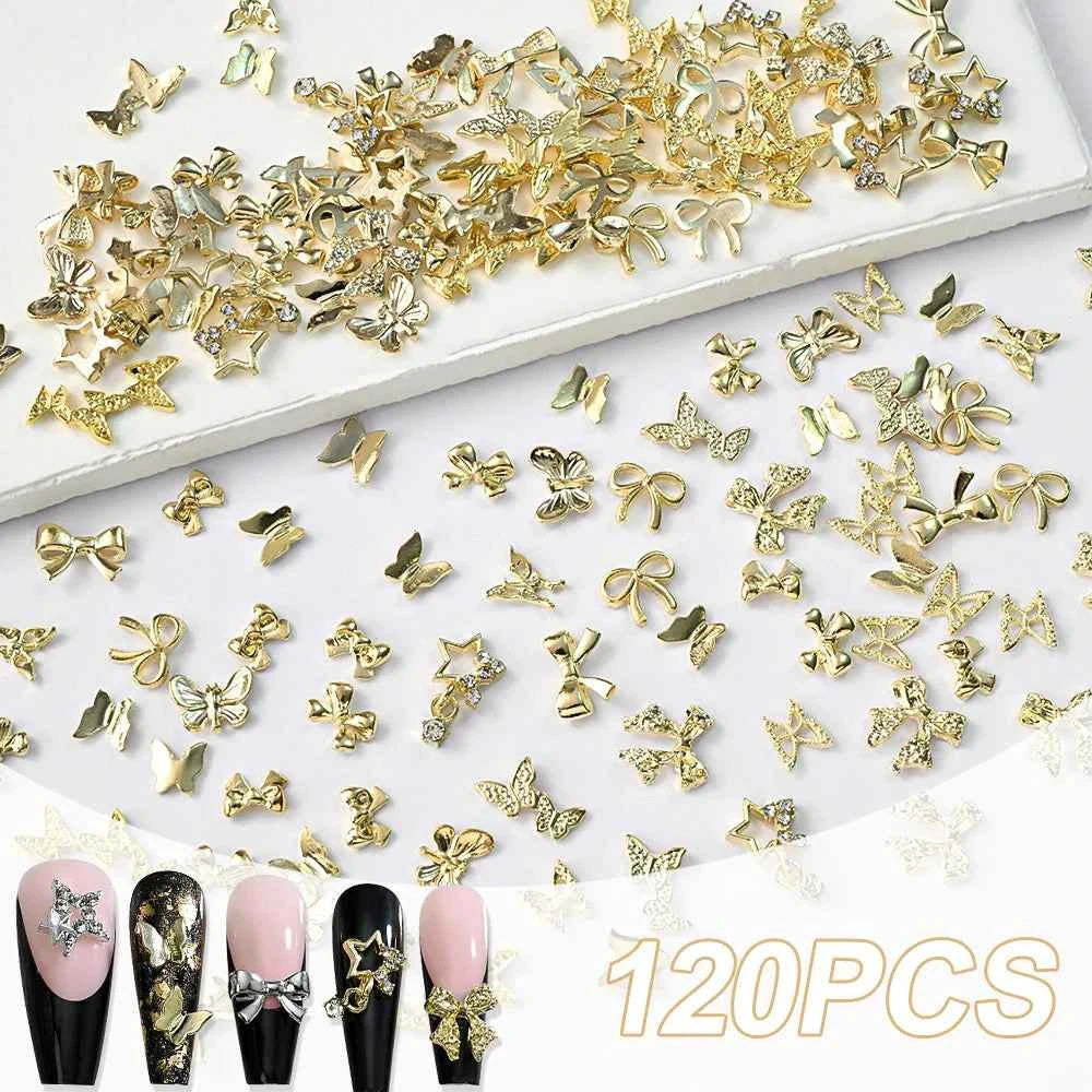 Luxury 3D Gold Bow Nail Metal Charms - 120pcs Shiny Art Supplies