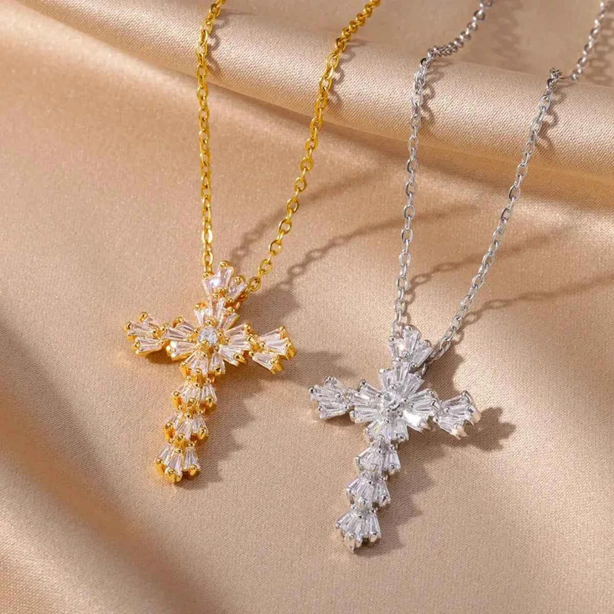 Luxury Zirconia Cross Pendant Necklace - Elegant Stainless Steel