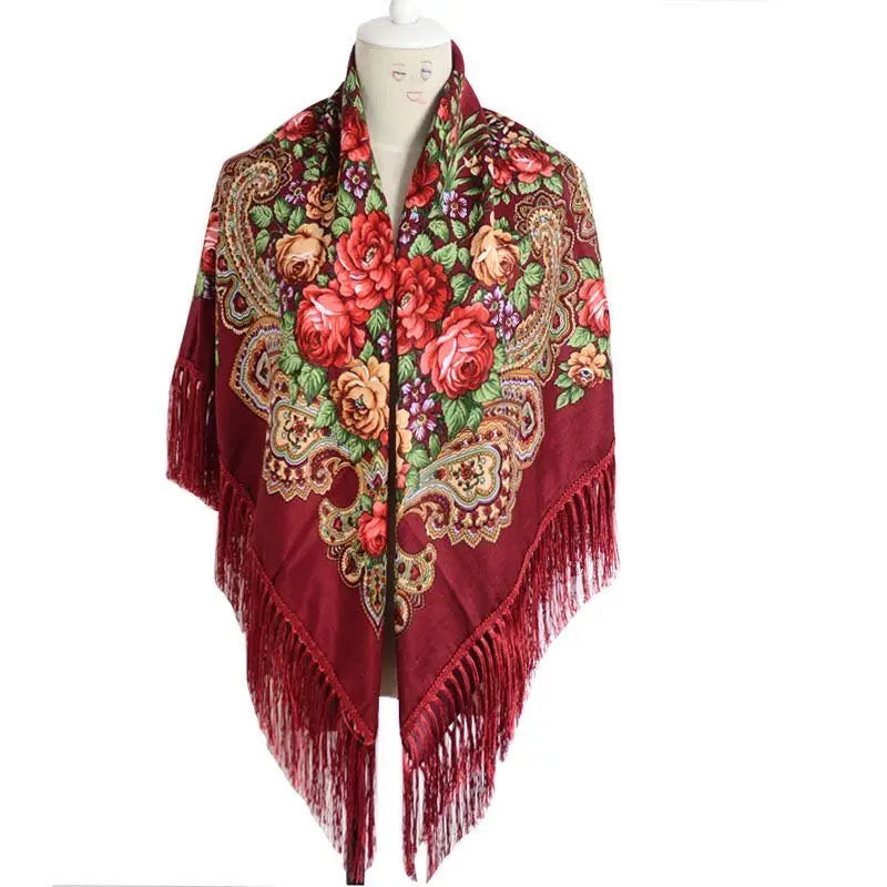 Luxury Floral Russian Scarf - Fringed Square Babushka Shawl