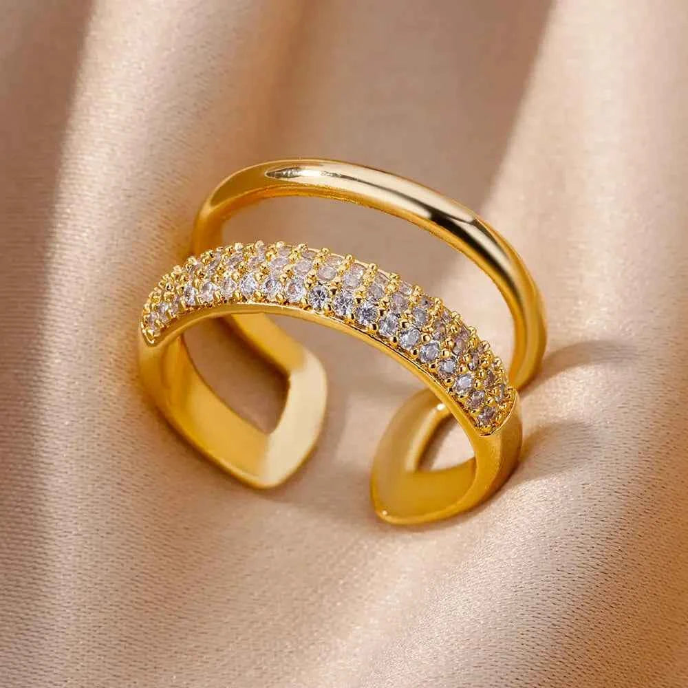 Elegant Stainless Steel Ring - Luxury Zircon Open Aesthetic Jewelry