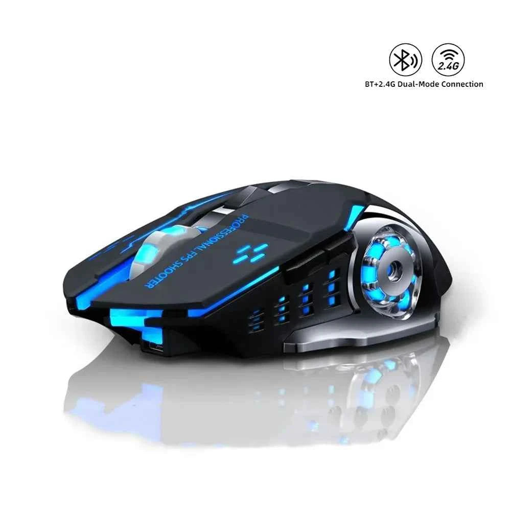 Wireless gaming mouse - white with backlit design on a desk, showing dual-mode connectivity