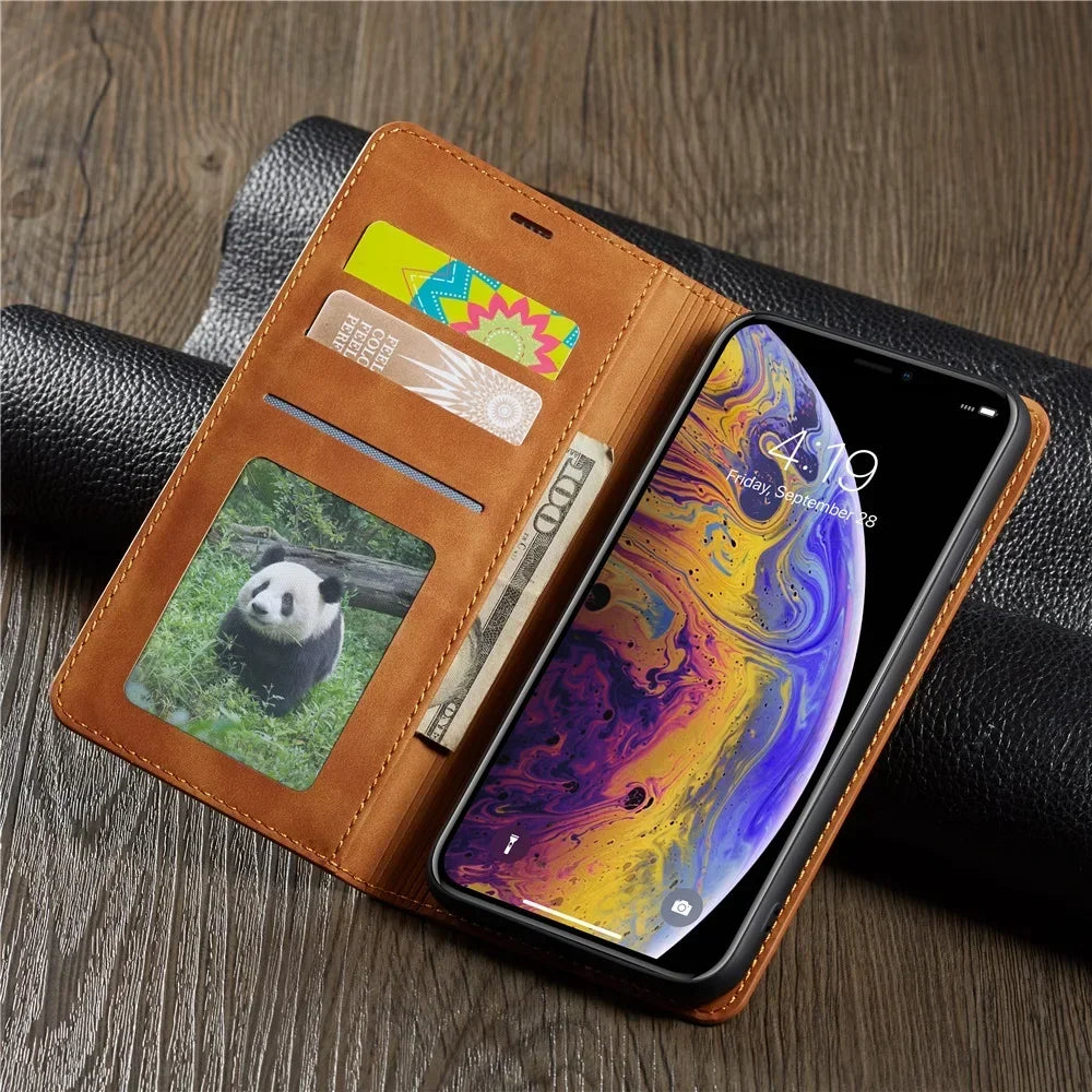 Premium Suede Leather iPhone Wallet Case - Magnetic Flip Cover