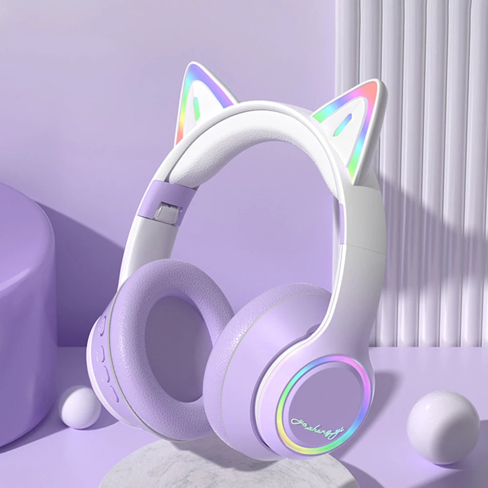 Premium RGB Cat Ear Headphones - Wireless Bluetooth 5.3 & Mic