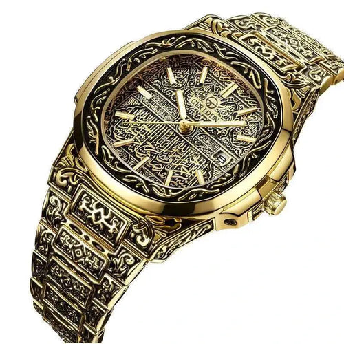 Elegant Men's Quartz Wristwatch - Embossed Stainless Steel