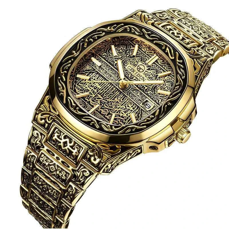 Elegant Men's Quartz Wristwatch - Embossed Stainless Steel