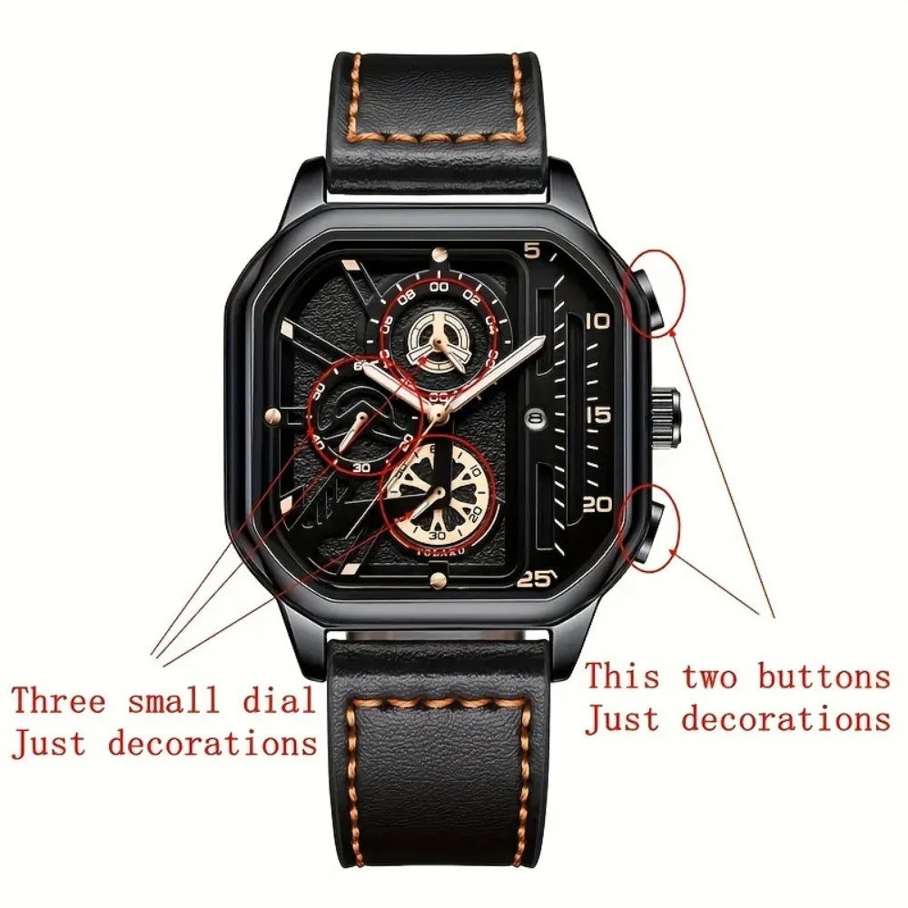 Luxury Big Dial Men Square Watch - Casual PU Leather Strap