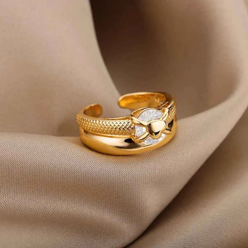 Exquisite Gold Heart Ring - Adjustable Luxury Stainless Steel