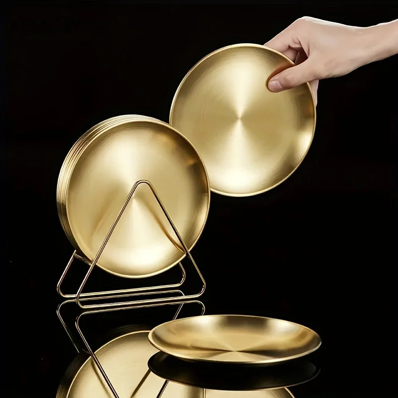 Premium Stainless Steel Camping Plates - 6-Piece Set with Rack