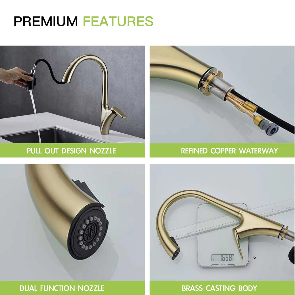Premium Brushed Gold Kitchen Faucet - Pull-Out Spray