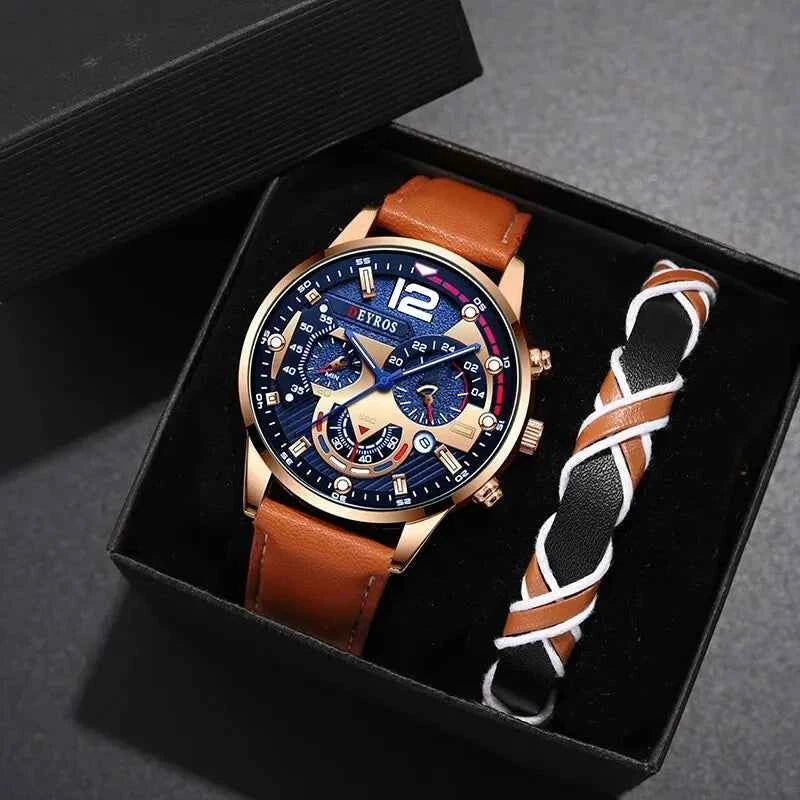 Luxury Men's Quartz Watch Set - Brown Leather Strap & Bracelet