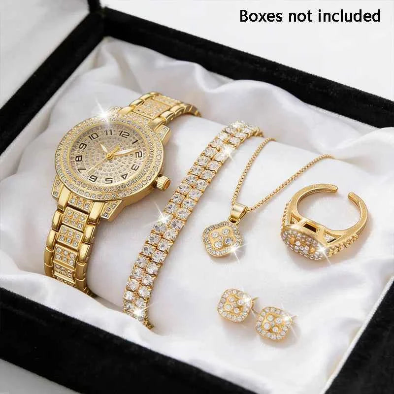 Elegant Women Gold Watch Set - Quartz Diamond Wristwatch