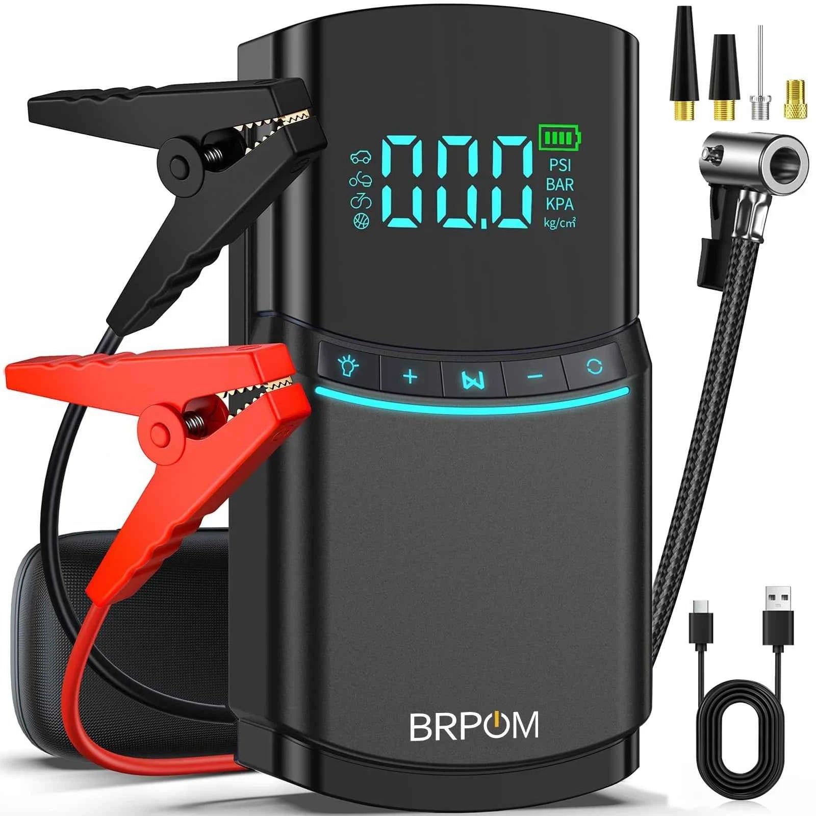 Car jump starter - 26800mAh portable power bank with red and black booster cables on white background