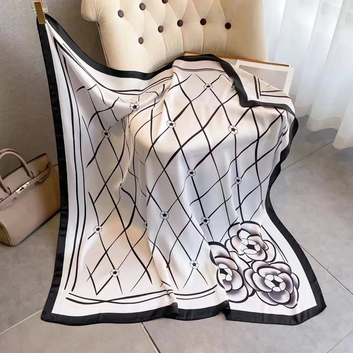 Luxury Horse Print Square Scarf - Vintage Silk Feel Shawl