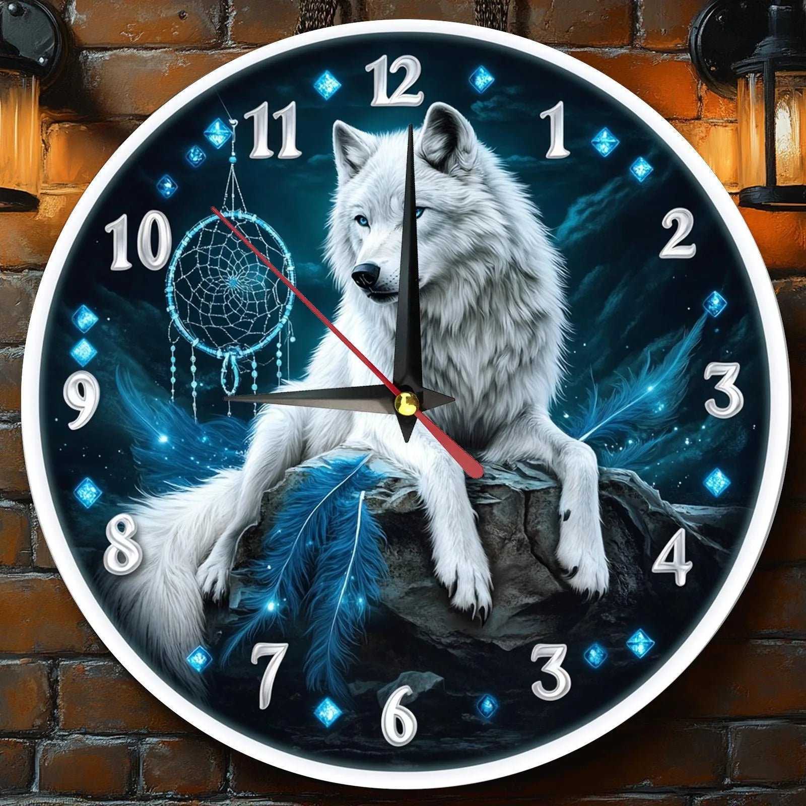 Elegant White Wolf Dreamcatcher Clock - Modern Wooden Wall Decor